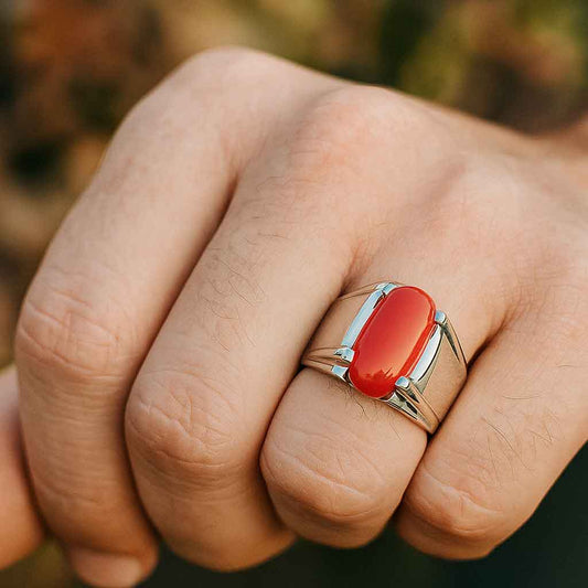 Classic Sterling Silver Red Coral Ring for Male