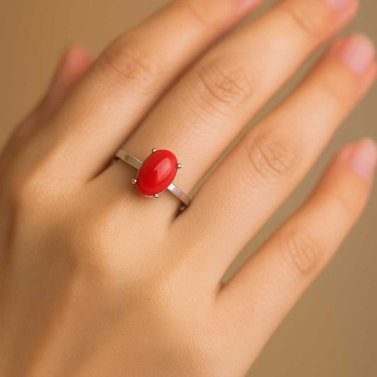 Stylish 925 Silver Red Coral Gemstone Ring for Female