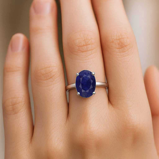 Women’s Silver Ring with Oval Blue Sapphire Gemstone