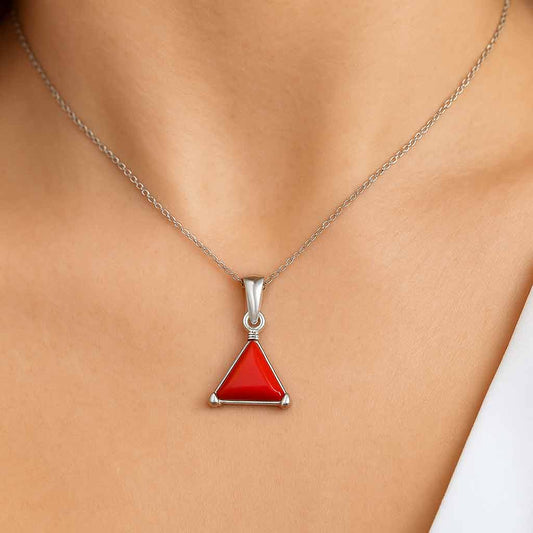 Luxury Designer 925 Silver Triangle Red Coral Stone Pendant