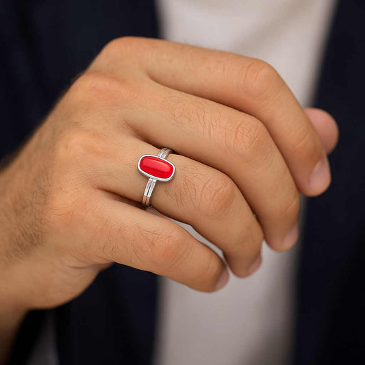 Bold Designer 925 Sterling Silver Red Coral Ring for Him