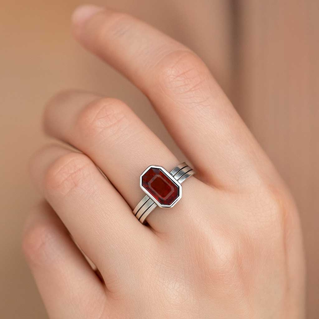 Authentic 925 Sterling Silver Hessonite Garnet Stone Ring for Women