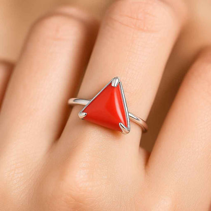 Classic Regal 925 Silver Women's Red Coral Gemstone Ring