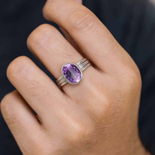 Modern Sterling Silver Amethyst Gemstone Ring for Men