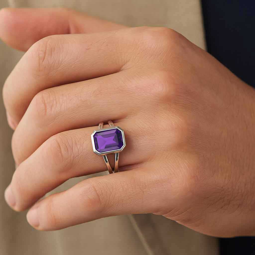 Authentic 925 Sterling Silver Amethyst Gemstone Ring for Him
