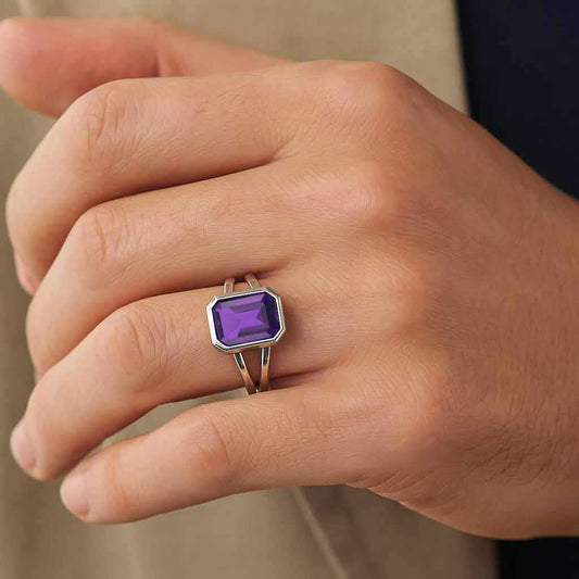 Authentic 925 Sterling Silver Amethyst Gemstone Ring for Him