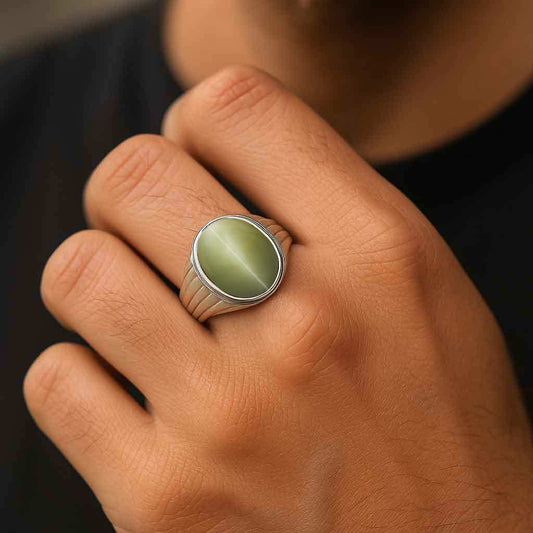 Authentic 925 Sterling Silver Men's Cat’s Eye Stone Ring