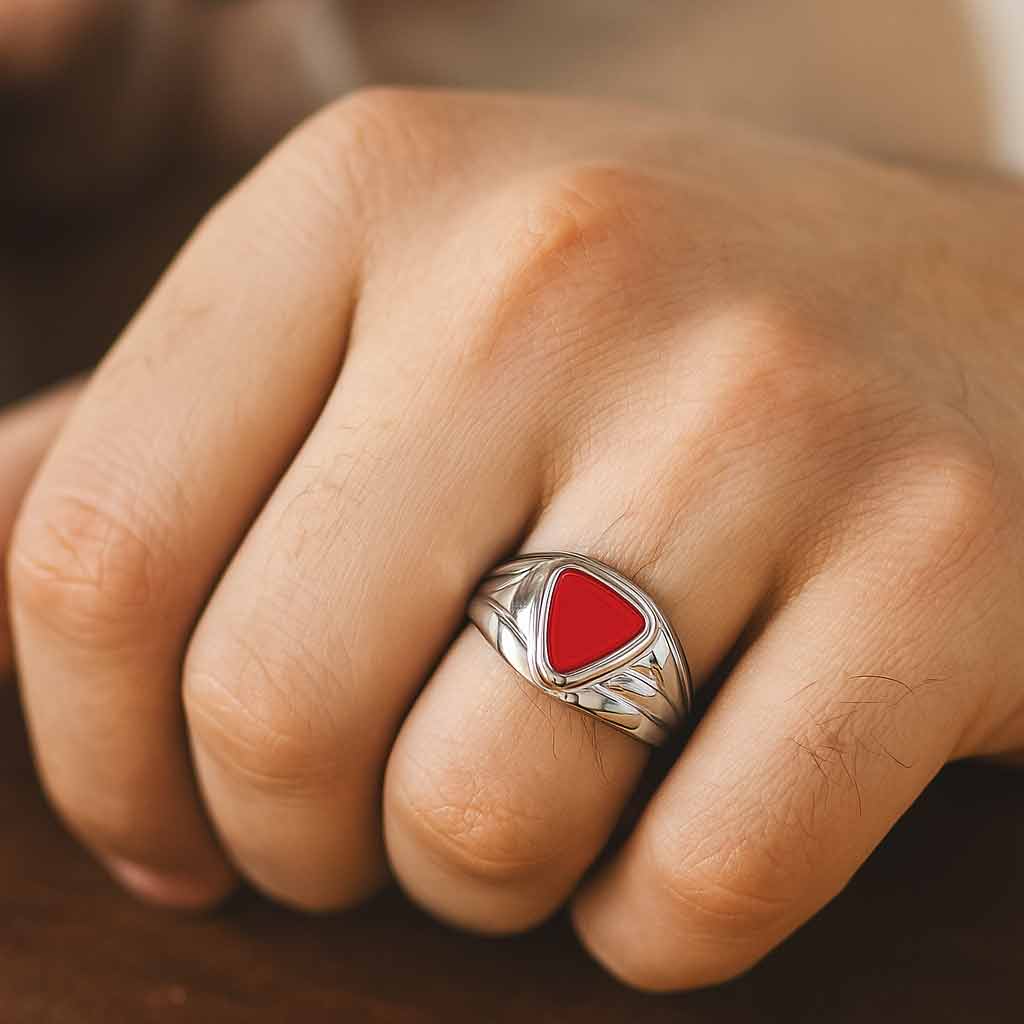 Bold & Stylish 925 Sterling Silver Men's Red Coral Stone Ring