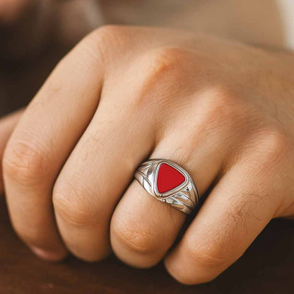 Bold & Stylish 925 Sterling Silver Men's Red Coral Stone Ring