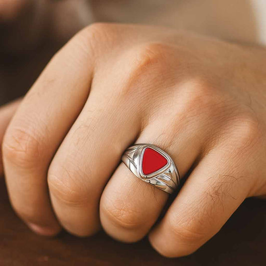 Bold & Stylish 925 Sterling Silver Men's Red Coral Stone Ring