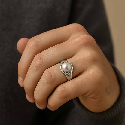 Certified Sterling Silver Pearl Ring for Men