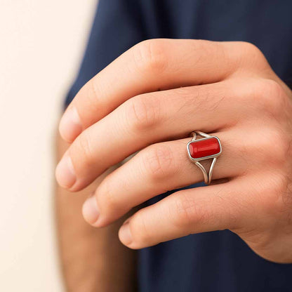Handcrafted 925 Sterling Silver Men’s Red Coral Ring