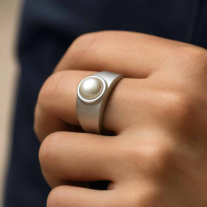Traditional Handcrafted Sterling Silver Pearl Stone Ring for Men