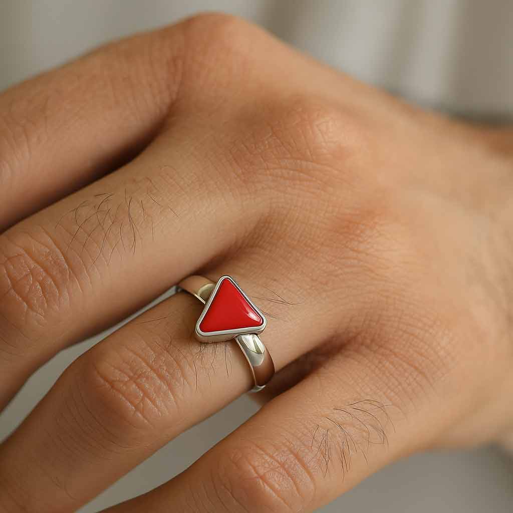 Elegant Sterling Silver Triangle Red Coral Stone Ring for Men