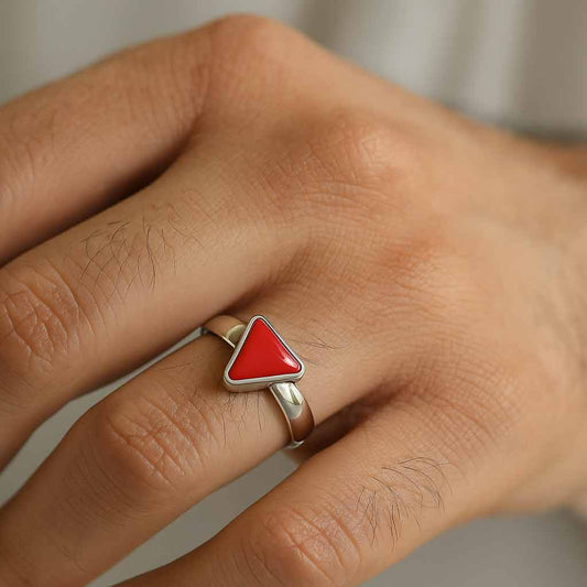 Elegant Sterling Silver Triangle Red Coral Stone Ring for Men