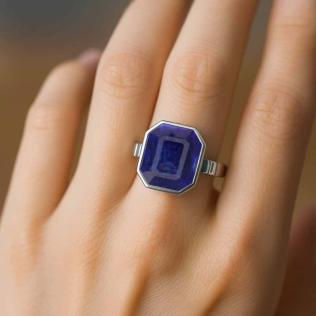 Modern Blue Sapphire Stone Women’s Ring with 925 Silver