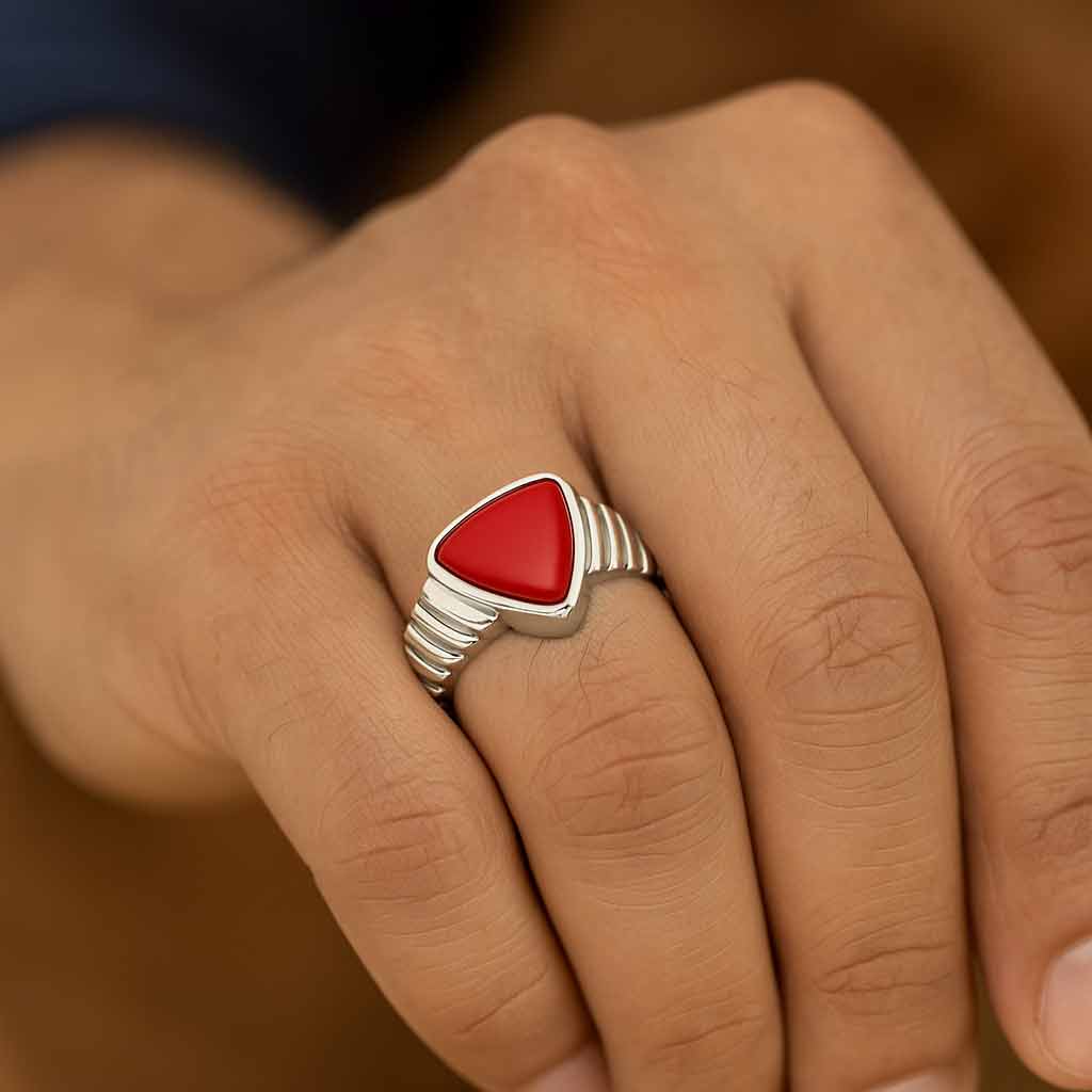 Classic 925 Silver Triangle Red Coral Gemstone Ring for Men