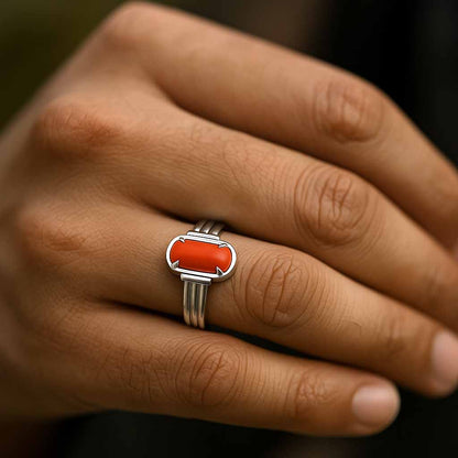 Authentic Handmade Sterling Silver Red Coral Ring for Men