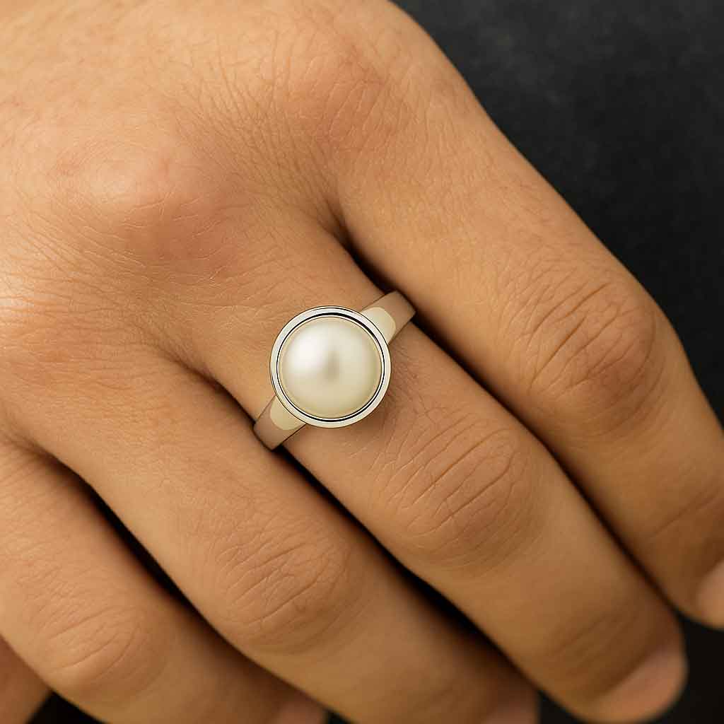 Round Pearl Gemstone Sterling Silver Ring for Men