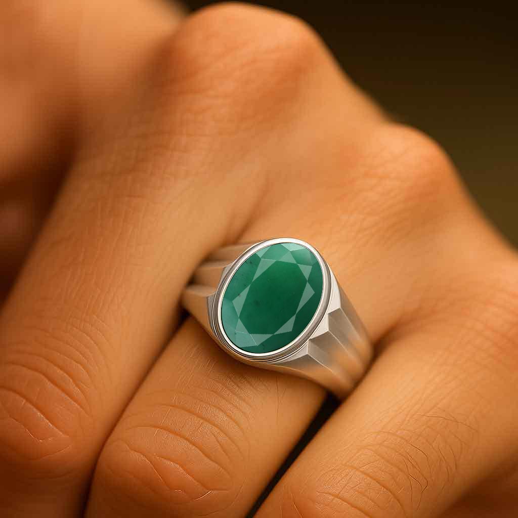 Traditional 925 Sterling Silver Emerald Stone Ring for Him