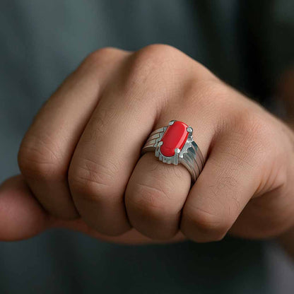 Traditional 925 Silver Red Coral Gemstone Ring for Men