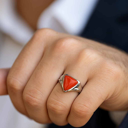 Modern 925 Sterling Silver Men’s Triangle Red Coral Ring