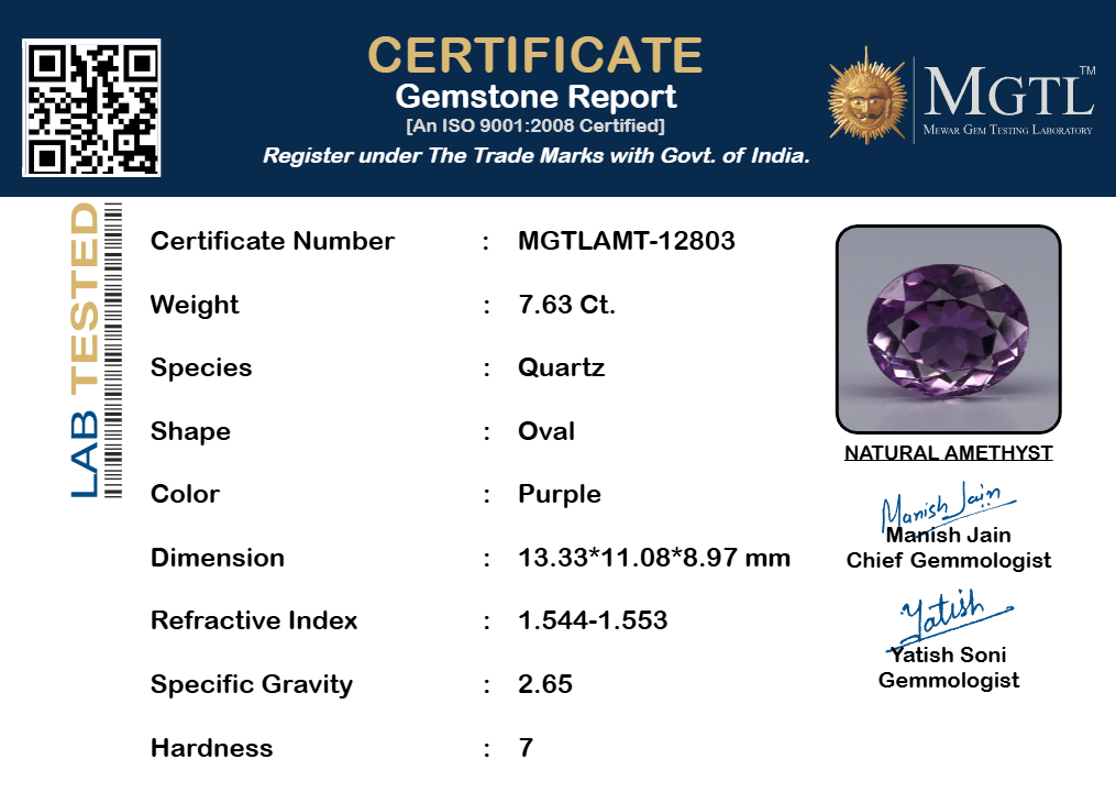Amethyst - 7.63 Carats (Jamunia - 8.32 Ratti)