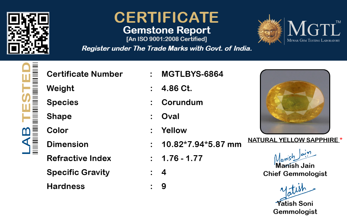 Yellow Sapphire (Pukhraj) Gemstone - 4.86 Carats