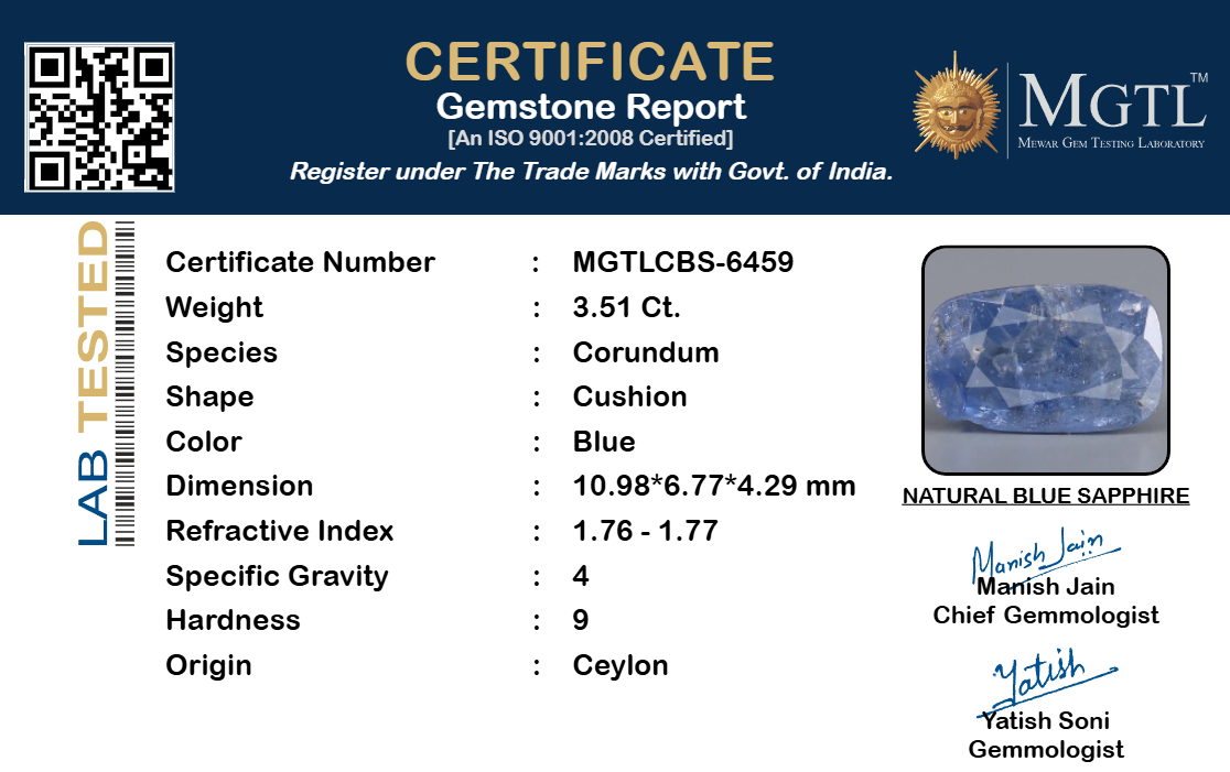 Blue Sapphire (Neelam) Gemstone - 3.51 Carats