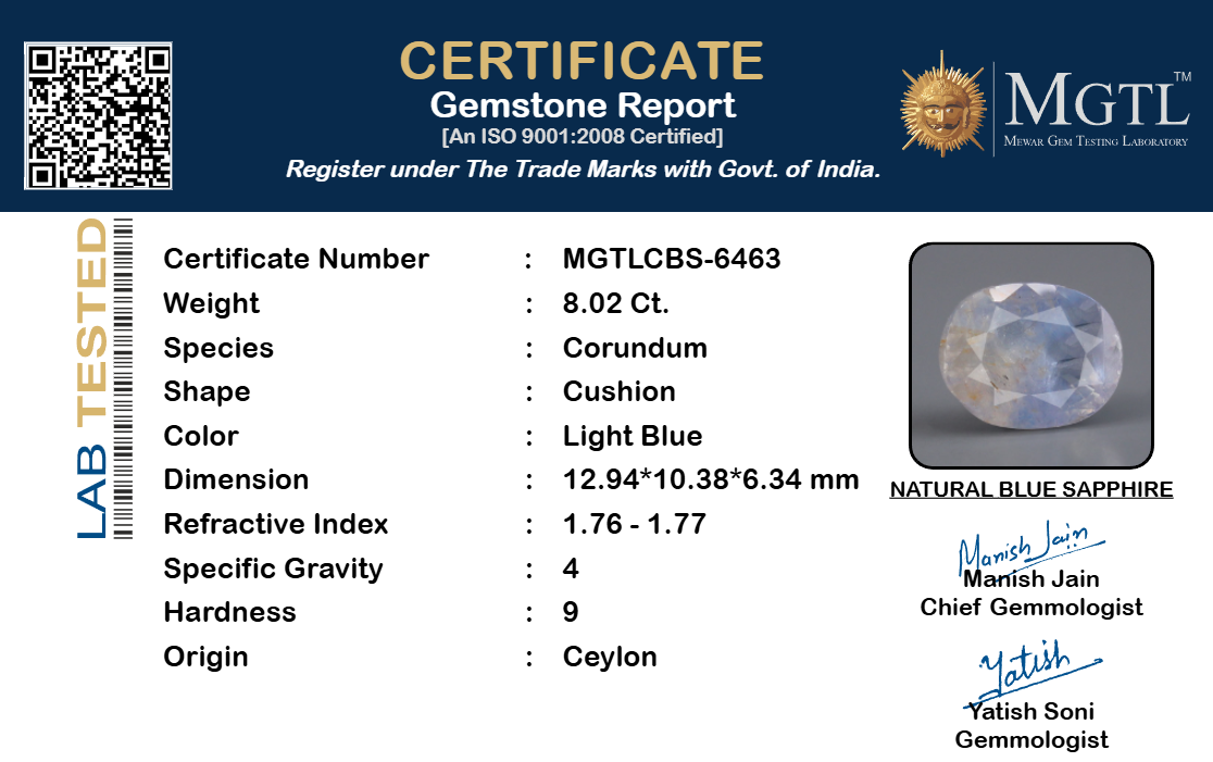 Blue Sapphire (Neelam) Gemstone - 8.02 Carats