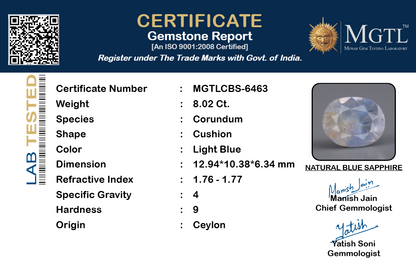 Blue Sapphire (Neelam) Gemstone - 8.02 Carats