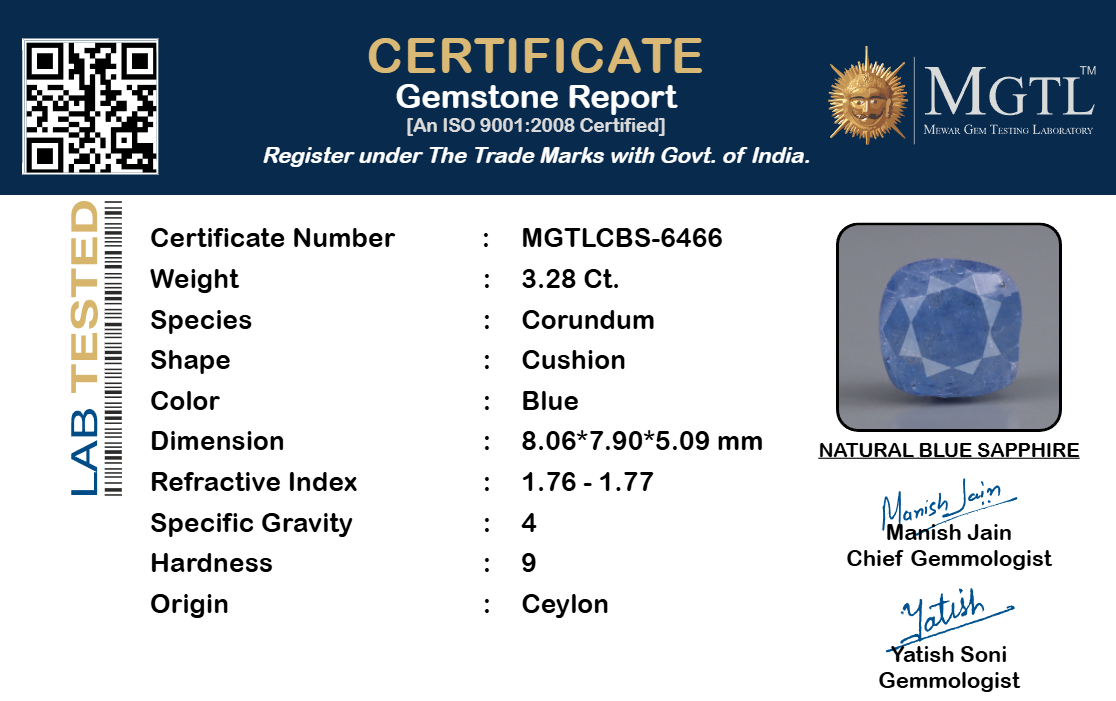 Blue Sapphire (Neelam) Gemstone - 3.28 Carats