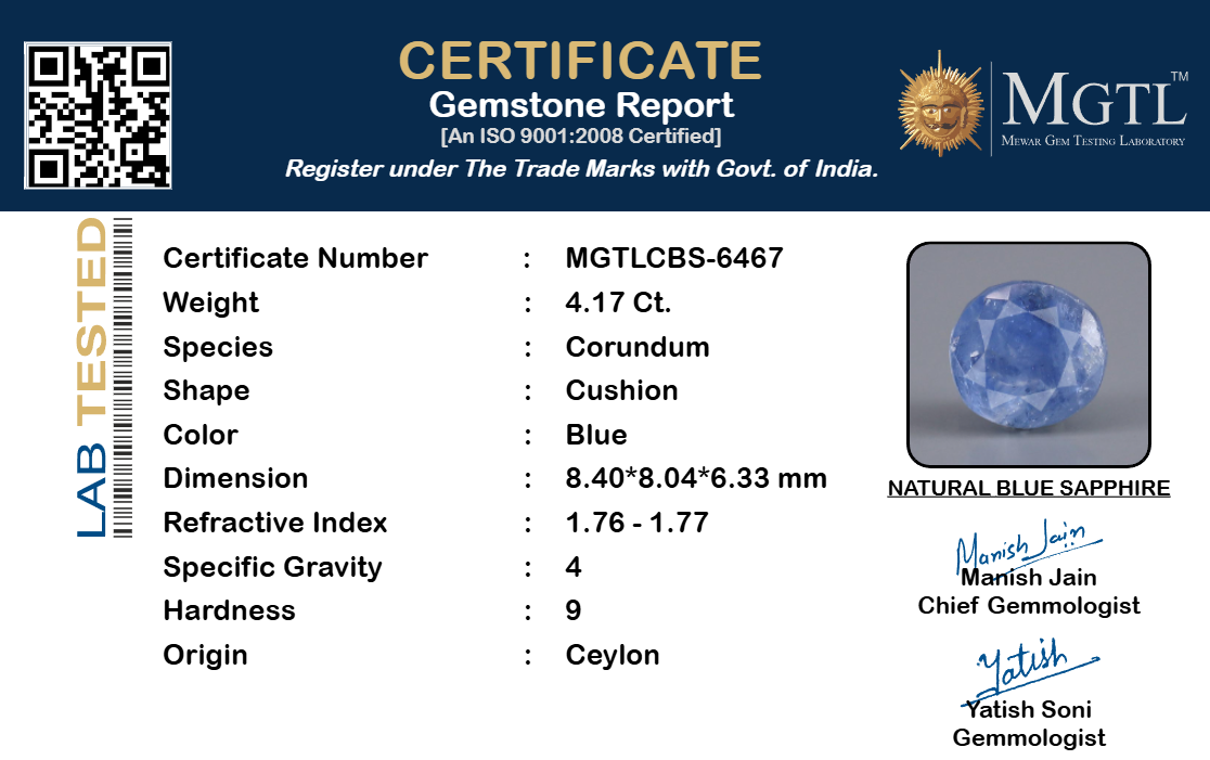 Blue Sapphire (Neelam) Gemstone - 4.17 Carats