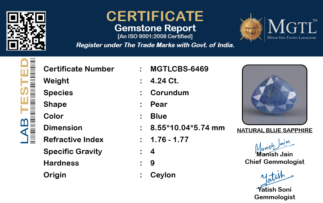 Blue Sapphire (Neelam) Gemstone - 4.24 Carats
