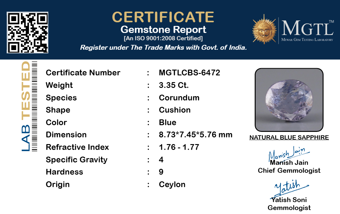 Blue Sapphire (Neelam) Gemstone - 3.35 Carats