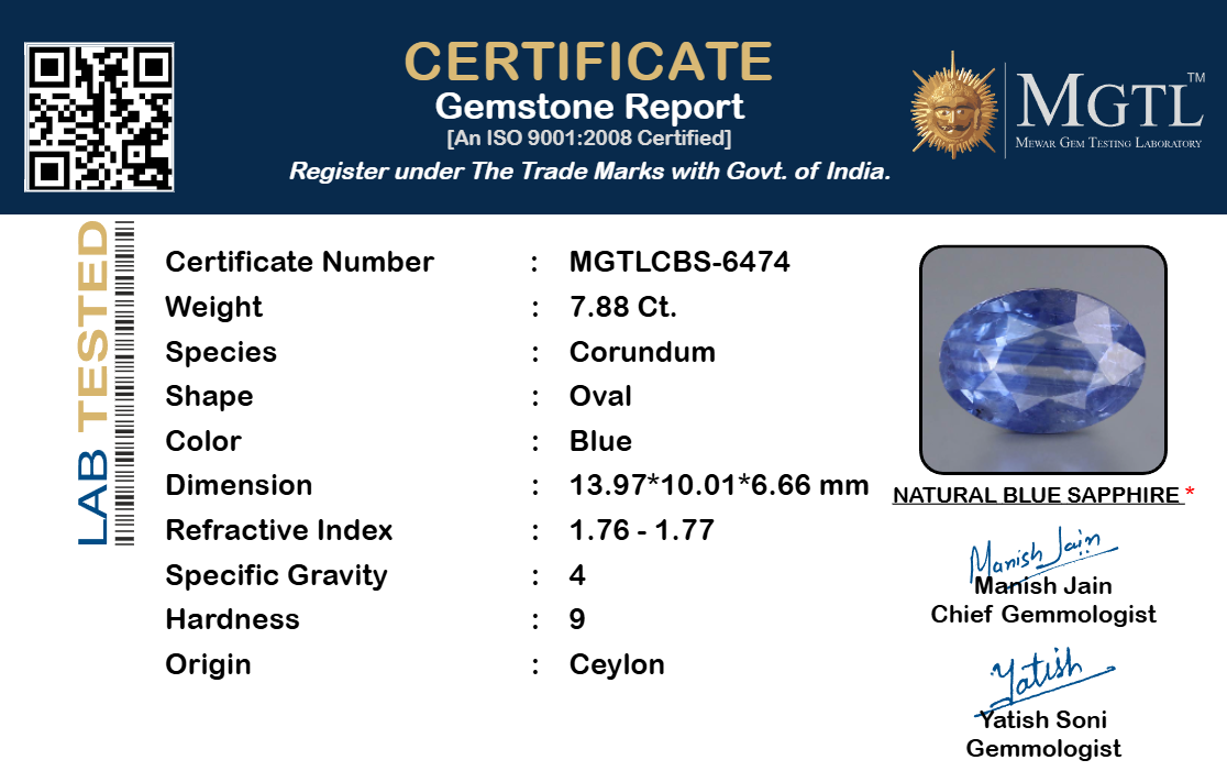 Blue Sapphire (Neelam) Gemstone - 7.88 Carats