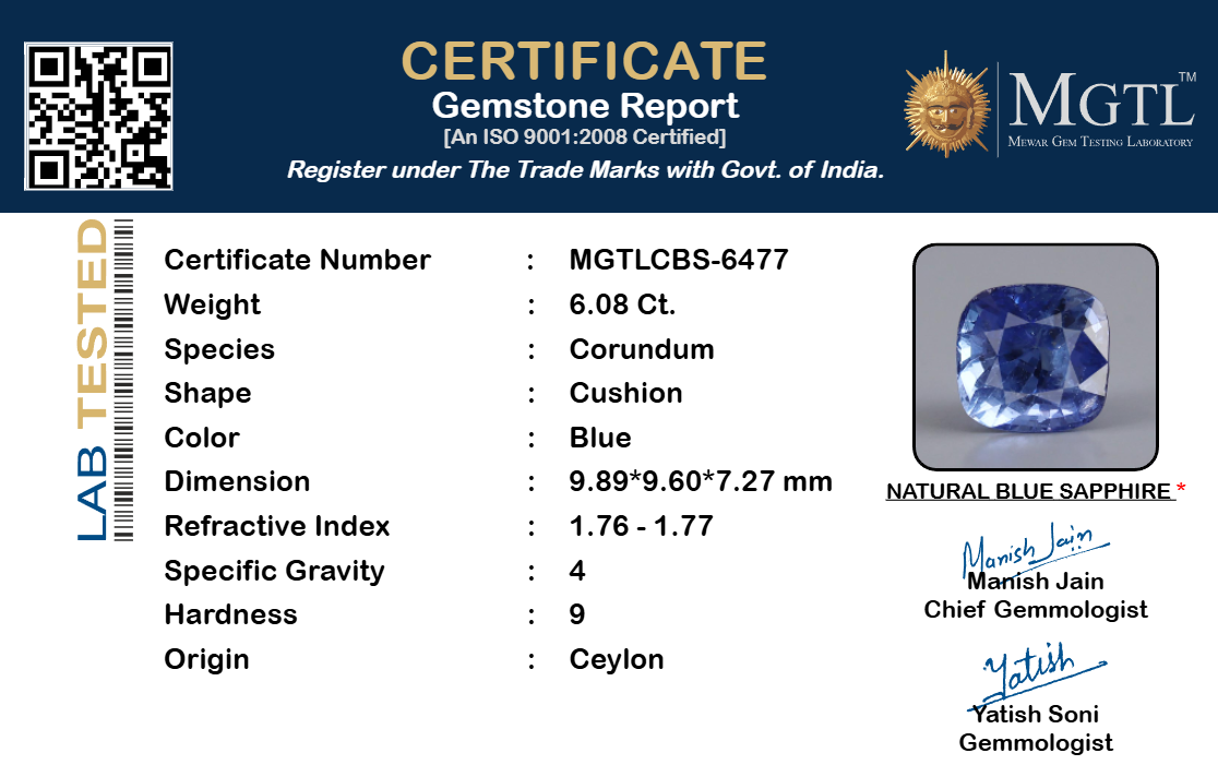 Blue Sapphire (Neelam) Gemstone - 6.08 Carats