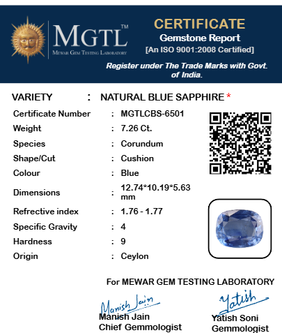 Blue Sapphire (Neelam) Gemstone - 7.26 Carats