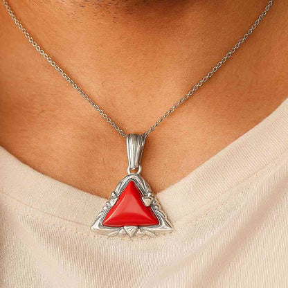 Bold & Stylish Sterling Silver Triangle Red Coral Pendant