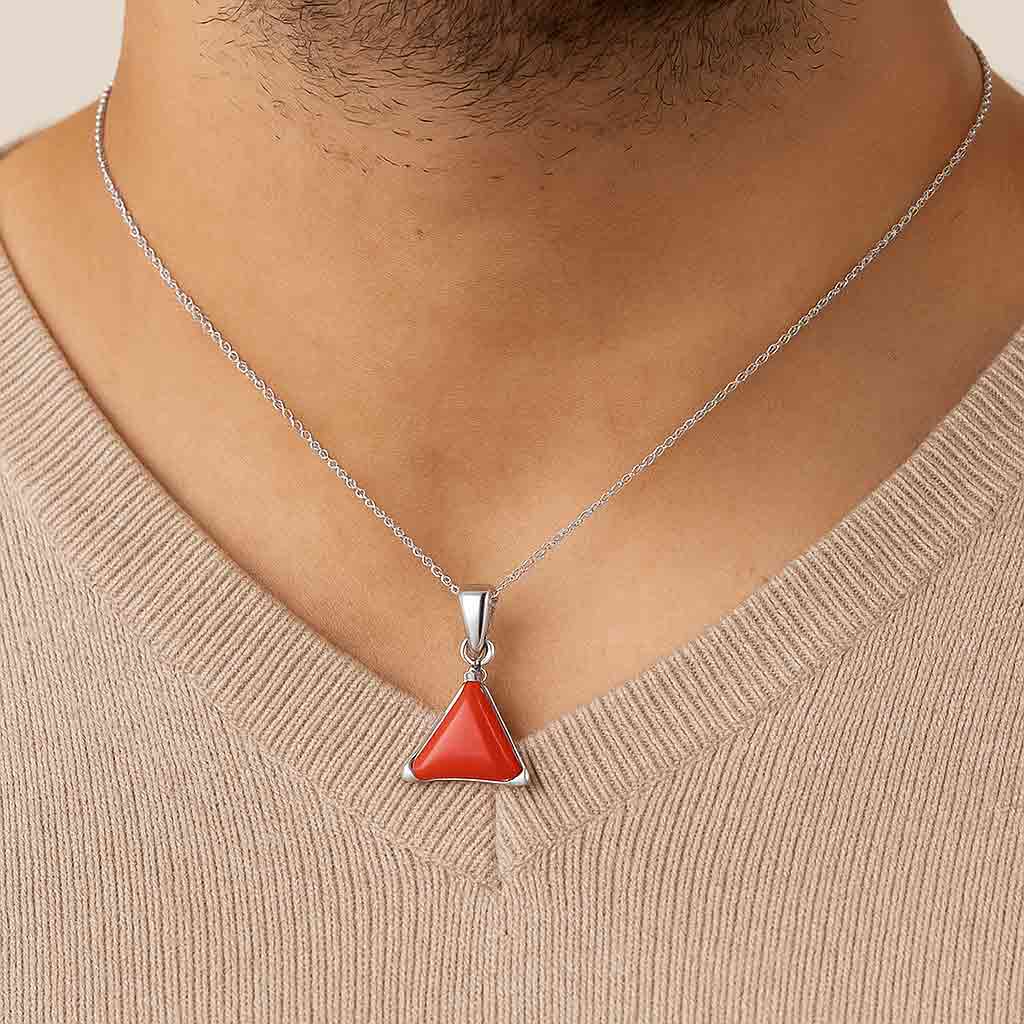 Luxury Designer 925 Silver Triangle Red Coral Stone Pendant