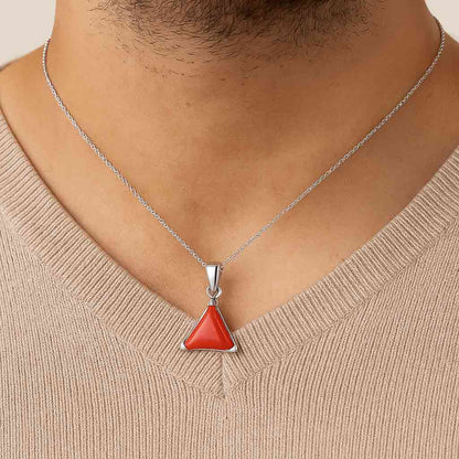Luxury Designer 925 Silver Triangle Red Coral Stone Pendant
