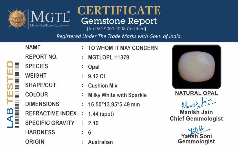Opal - 9.12 Carats (Dudhiya Pathar - 9.94 Ratti)