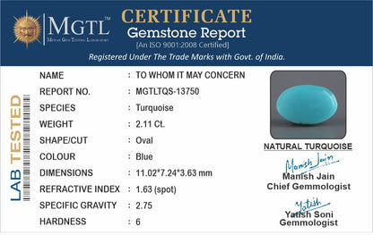 Turquoise - 2.11 Carats ( Firoza - 2.30 Ratti )