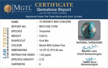 Turquoise - 5.60 Carats ( Firoza - 6.10 Ratti )