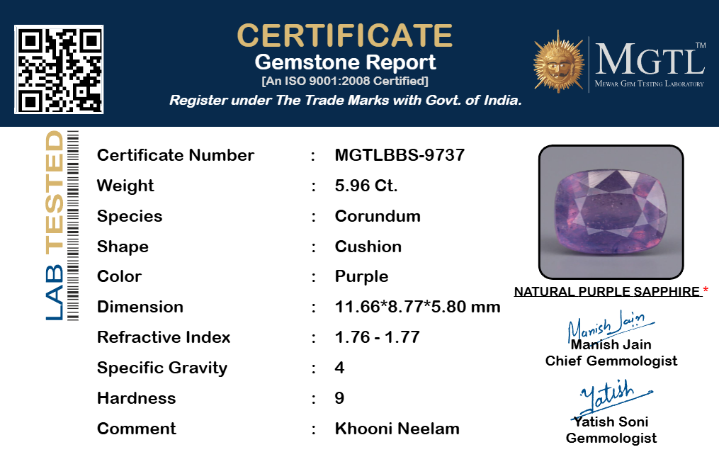 Blue Sapphire (Neelam) Gemstone - 5.96 Carats