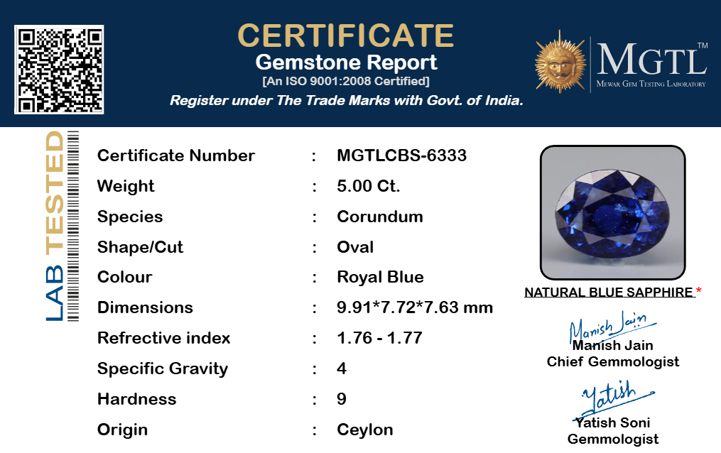Blue Sapphire (Neelam) Gemstone - 5.00 Carats