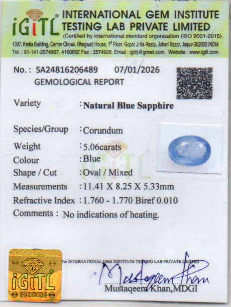 Blue Sapphire (Neelam) Gemstone - 5.06 Carats