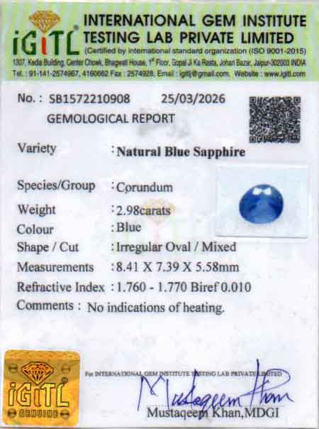 Blue Sapphire (Neelam) Gemstone - 2.98 Carats