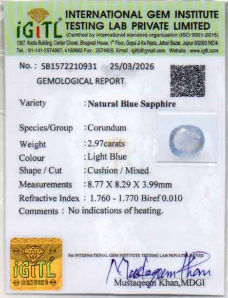 Blue Sapphire (Neelam) Gemstone - 2.97 Carats