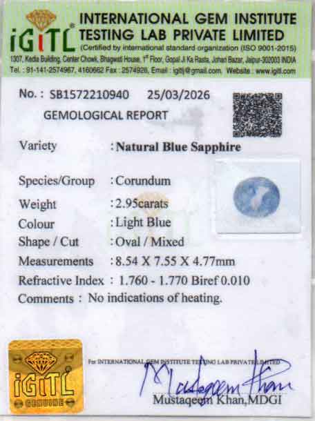 Blue Sapphire (Neelam) Gemstone - 2.95 Carats